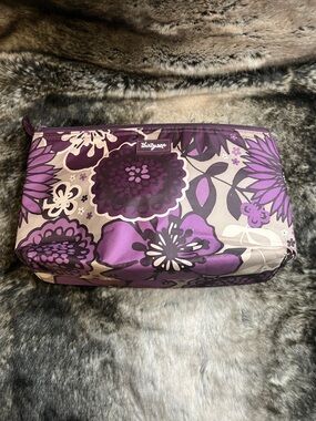 thirty-one Purple Floral Zip Pouch with Taupe Accents